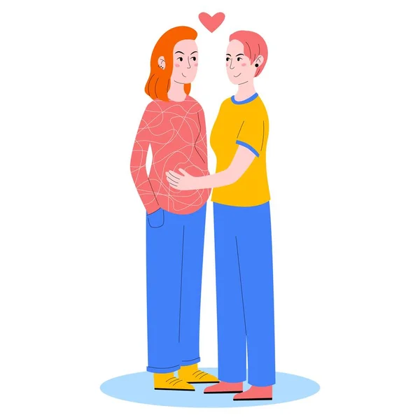 Raskaana oleva lesbo, lesboperhe, keinosiemennys. Tyttö koskettaa raskaana olevan vaimonsa vatsaa. Vektorin kuvitus litteään tyyliin. — vektorikuva