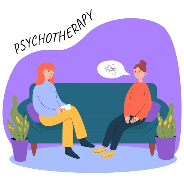 Konzept der Psychotherapie. Psychotherapeut oder Psychiater, ein Psychologe sitzt mit einer traurigen Patientin auf der Couch, die in sich selbst verwirrt ist. Vektorillustration im flachen Stil. — Stockvektor