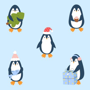 Tatlı penguenleri kışa, Noel 'e ve yeni yıla hazırla. Kart, poster, broşür, sayfa, afiş için komik hayvanlar. Çizgi film tarzında vektör illüstrasyonu.