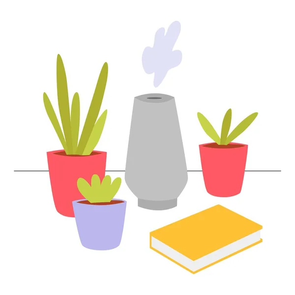 Purificateur d'air avec plante et fleurs. Concept purificateur d'air à la maison. — Image vectorielle