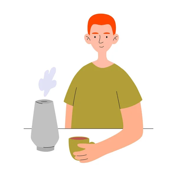 Człowiek z kubkiem. Koncepcja oczyszczania powietrza w domu. — Wektor stockowy