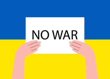 Ukrayna bayrağında pankart taşıyan kişi. Ukrayna 'da savaş yok. Savaş karşıtı gösteri. Ukrayna kavramına bağlı kal. Ukrayna 'ya destek. Vektör illüstrasyonu beyaz arkaplanda izole edildi