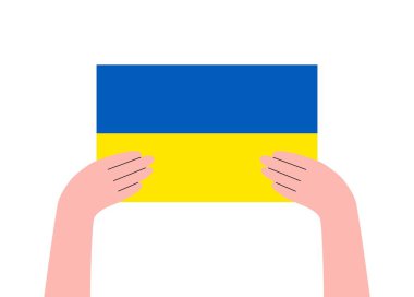 Ukraynalıların elinde bayrak var. Ukrayna 'da savaş yok. Savaş karşıtı gösteri. Ukrayna kavramına bağlı kal. Ukrayna 'ya destek. Vektör illüstrasyonu beyaz arkaplanda izole edildi