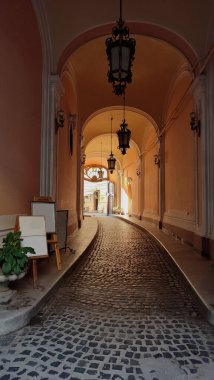 Lviv 'de eski kaldırımlı yol ve feneri olan küçük bir sokak.