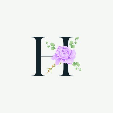 Çiçek logo desenli güzel H alfabesi. Yeşil yapraklı lüks yazı tipi botanik vektör çizimi.