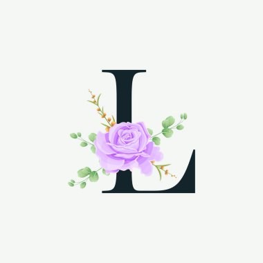 Floral logo dekorasyon şablonlu güzel bir L alfabesi. Yeşil yapraklı lüks yazı tipi botanik vektör çizimi.