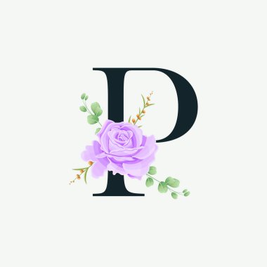 Floral logo desenli güzel P alfabesi. Yeşil yapraklı lüks yazı tipi botanik vektör çizimi.