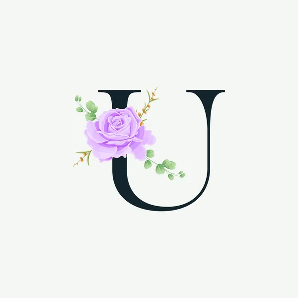 Floral logo desenli güzel bir U alfabesi. Yeşil yapraklı lüks yazı tipi botanik vektör çizimi.