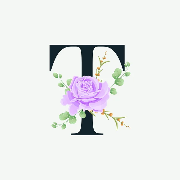 Çiçekli logo desenli güzel bir T alfabesi. Yeşil yapraklı lüks yazı tipi botanik vektör çizimi.