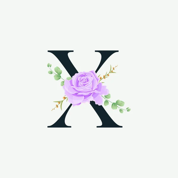 Floral logo dekorasyon şablonlu güzel bir X alfabesi. Yeşil yapraklı lüks yazı tipi botanik vektör çizimi.