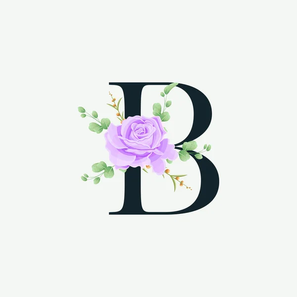 Floral logo dekorasyon şablonlu güzel bir B alfabesi. Yeşil yapraklı lüks yazı tipi botanik vektör çizimi.