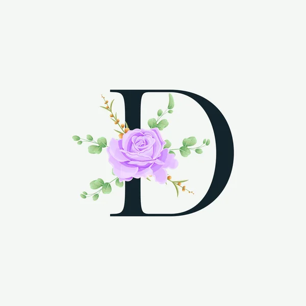 花のロゴ装飾テンプレートと美しいDアルファベット 緑の葉のエンブレム植物ベクトルイラストと高級フォント — ストックベクタ