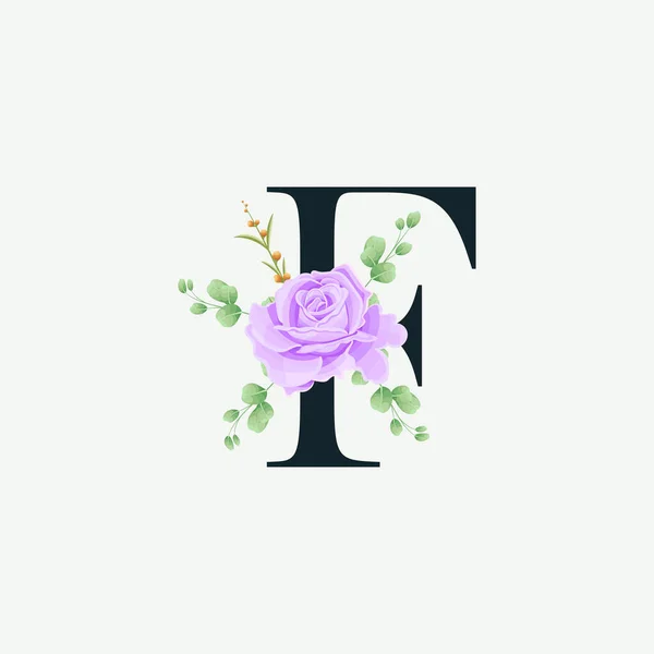 Floral logo desenli güzel bir F alfabesi. Yeşil yapraklı lüks yazı tipi botanik vektör çizimi.