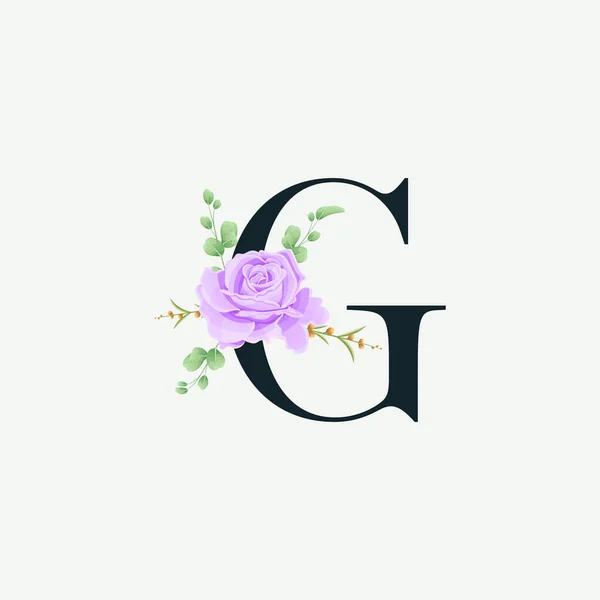 Çiçek logosu desenli güzel bir G alfabesi. Yeşil yapraklı lüks yazı tipi botanik vektör çizimi.