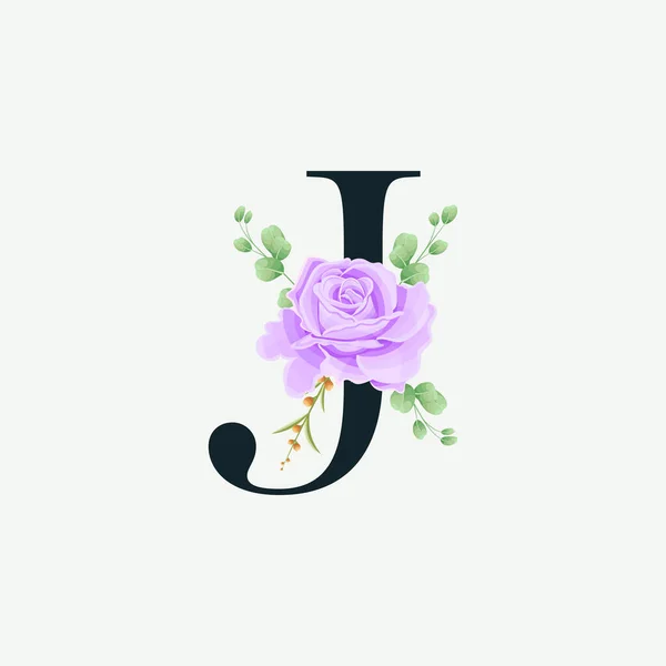 Çiçek logo desenli güzel J alfabesi. Yeşil yapraklı lüks yazı tipi botanik vektör çizimi.