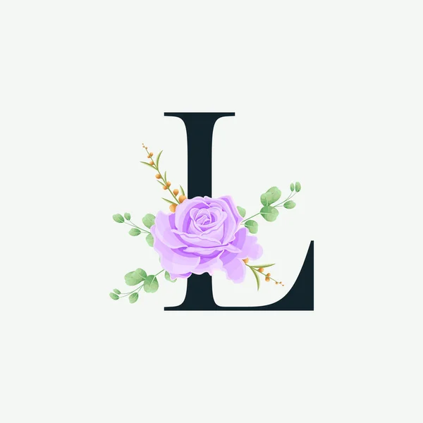 Floral logo dekorasyon şablonlu güzel bir L alfabesi. Yeşil yapraklı lüks yazı tipi botanik vektör çizimi.