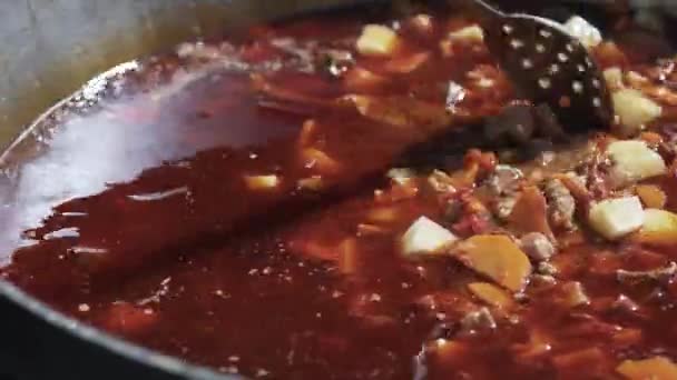 Bograch tradicional húngaro. A fazer guisado em fogo aberto. comida de conforto alemão. Goulash húngaro tradicional em caldeirão. Prato transcarpático. Sopa com carne e páprica. — Vídeo de Stock