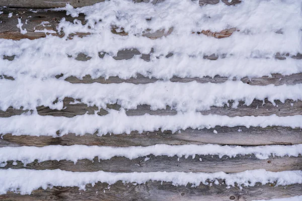 Fragment Wall Old Wooden House White Snow Stuck Aged Gray — Fotografia de Stock