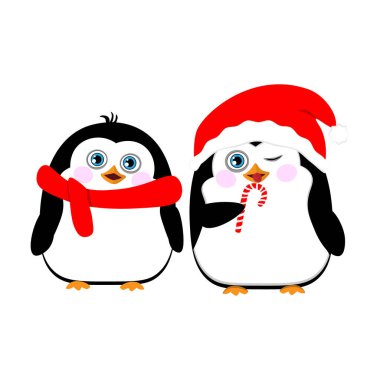 Beyaz arka planda iki sevimli Noel pengueni. Noel Baba şapkası takan bir penguen, neşeli bir şekeri yalıyor. Kırmızı eşarplı neşeli bir penguen daha. Yavru penguenlerle sevimli vektör çizimi.