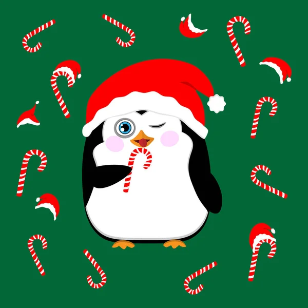 Seamless Patten Cute Christmas Penguin Green Background Wearing Santa Claus — Stock Vector