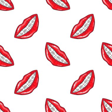 Vector illustration red lip with braces on teeth in comics style. Seamless pattern
