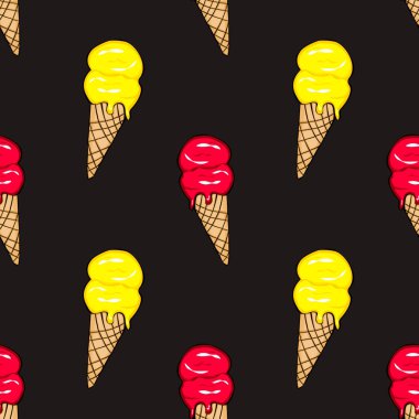 Seamless pattern with ice-cream  waffle on black background.Comics style.