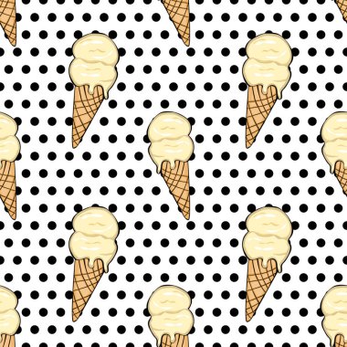 Vector seamless pattern  ice-cream on black polka-dots  background. Ice cream in pop art style. 
