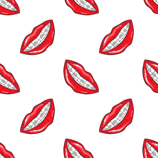 Vector Illustration Red Lip Braces Teeth Comics Style Seamless Pattern — Archivo Imágenes Vectoriales
