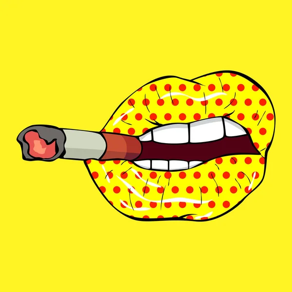 Vector Illustration Sexy Yellow Lips Polka Dots Pattern Cigarette Yellow — Stockvektor