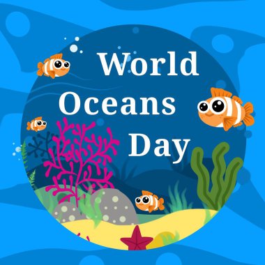 karikatür karakterli dünya okyanusları günü posteri