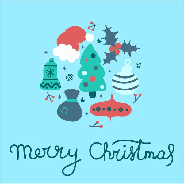 Basit Noel elementlerinin kış kompozisyonu. Mutlu Noeller kartı için bir şablon. El çizimi çizimi. Renkli poster. Kartpostal motivasyonu