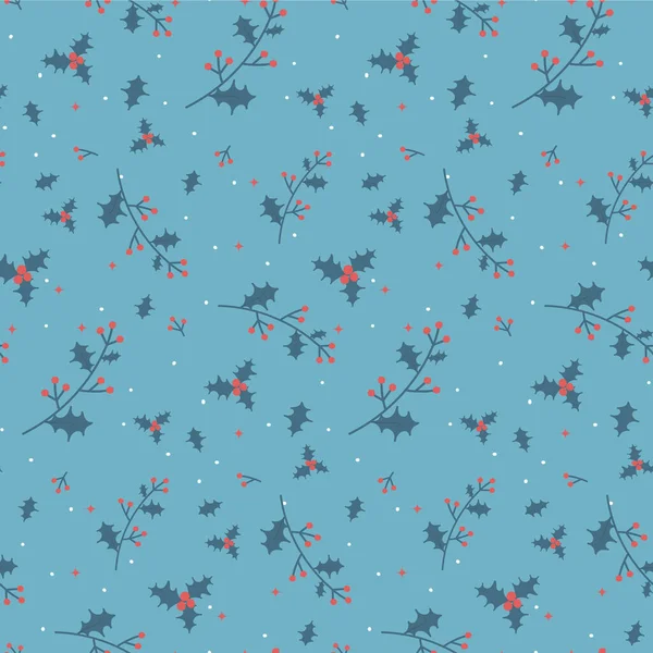 Kusursuz desenli, illüstrasyon çiçekli Noel yıldızı. Mavi arka planda el çizimi yılbaşı meyveleri ve yaprakları. Mutlu Noeller kartı için şablon