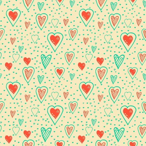 Kırmızı ve mavi kalbin kusursuz deseni. El çizimi kırmızı ve mavi kalp pembe arka planda. Kapak, kağıt ve tebrik kartı şablonu