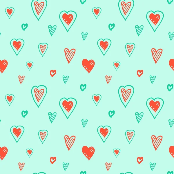Mavi ve kırmızı kalplerin kusursuz deseni. Mavi arka planda mavi ve kırmızı kalpler var. Kapak, kağıt, tebrik kartı ve profesyonel tasarım şablonu