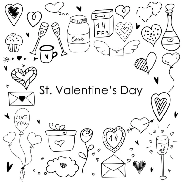 Sevgililer Günü tebrik kartları, çıkartmalar ve posterler için karalama malzemeleri. El çizimi karalama çizimi. EPS 10