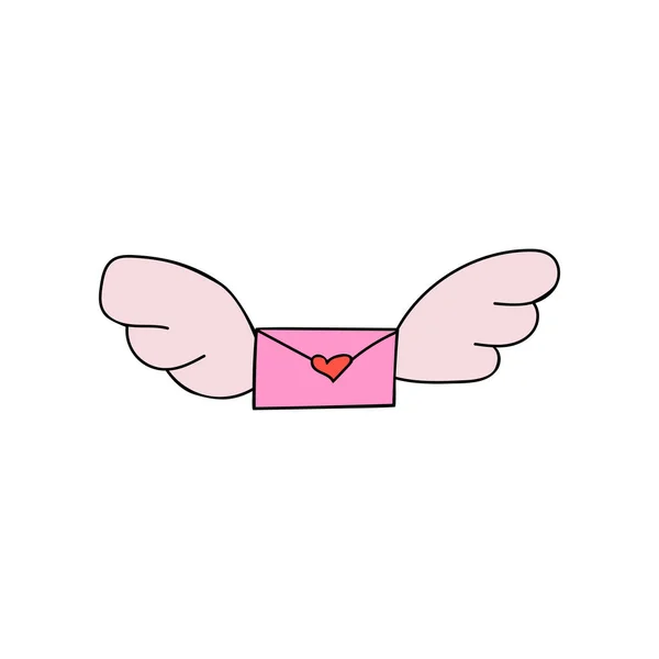 Kanatlı renkli aşk mektubu. El çizimi karalama çizimi. Sevgililer Günü tebrik kartları, çıkartmalar ve posterler için element