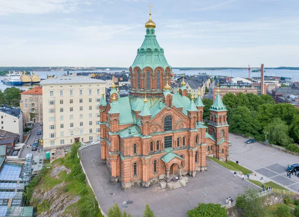 Katedra Uspenskiego Helsinkach Finlandia Punkt Widzenia Drona Jest Katedra Prawosławna — Zdjęcie stockowe