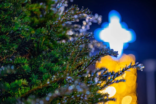 Παγωμένα κλαδιά δέντρων σε πρώτο πλάνο με ένα όμορφο χριστουγεννιάτικο αστέρι bokeh. Εορταστική λεπτομέρεια. — Φωτογραφία Αρχείου