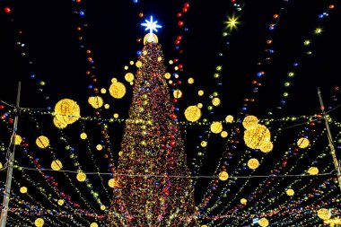 Geceleri renkli ışıkları olan bir Noel ağacı. Yüksek kalite fotoğraf.