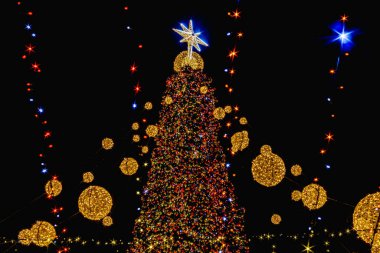 Geceleri renkli ışıkları olan bir Noel ağacı. Yüksek kalite fotoğraf.