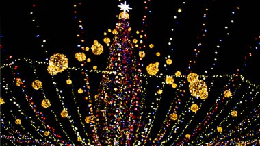Geceleri renkli ışıkları olan bir Noel ağacı. Yüksek kalite fotoğraf.