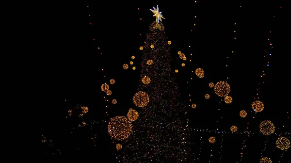 Νυχτερινή Σιλουέτα Χριστουγεννιάτικου Δέντρου Πολύχρωμα Φώτα Υψηλής Ποιότητας Φωτογραφία — Φωτογραφία Αρχείου