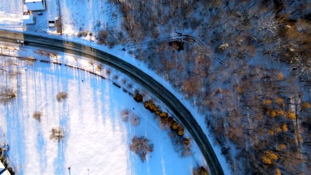 Drone video de la curva de la carretera que conduce a través de los bosques helados de invierno y arboledas cubiertas con la primera nieve — Vídeo de stock
