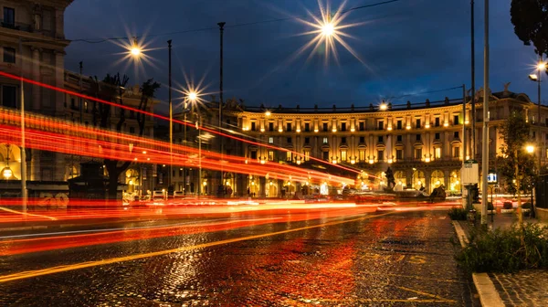 Cars Light Trails Evening Square Rome Right Rain Night Traffic Royalty Free Stock Images