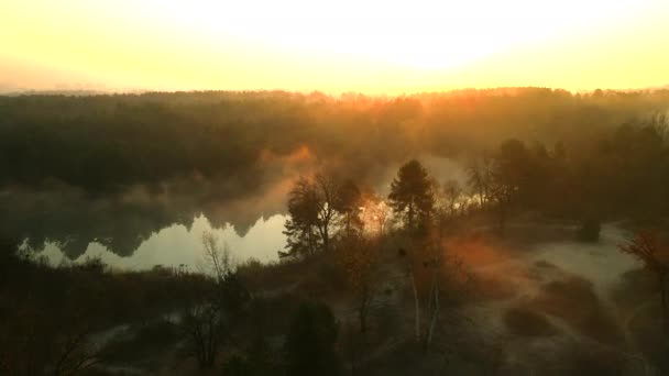 水面と湖の岸にドローン飛行。霧の朝 — ストック動画