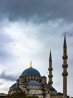 İstanbul 'da bir cami kuşlarla dolu kasvetli bir gökyüzüne karşı. Yüksek kalite fotoğraf
