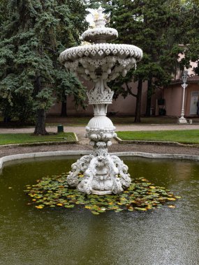 İstanbul, Türkiye - 6 Ekim 2021: Bahar yağmuru sırasında Dolmabahçe Sarayı 'nın kuğularıyla çeşme. Yüksek kalite fotoğraf