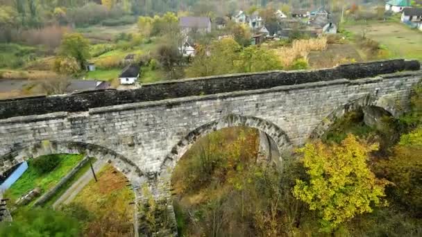 Old Unfinished Austrian Stone Railway Viaduct Ukraine Second World War — Stock Video