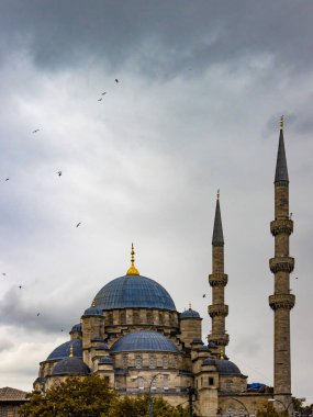 İstanbul 'da kuşlarla dolu kasvetli bir gökyüzüne karşı bir cami.