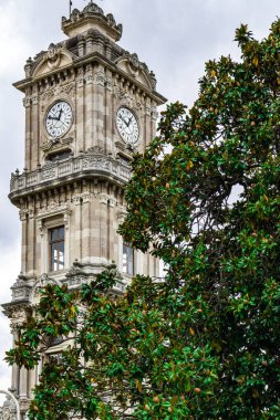 İstanbul, Türkiye - 6 Ekim 2021: Dolmabahçe Sarayı topraklarındaki saat kulesi.